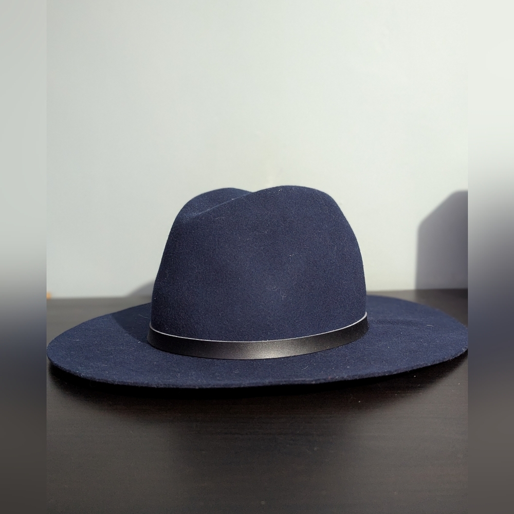 Hat Attack Madison Navy Blue 100% Wool Wide-brim Fedora‎ Hat Black Leather Band